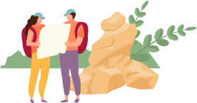 Digital illustration of two people looking at a map