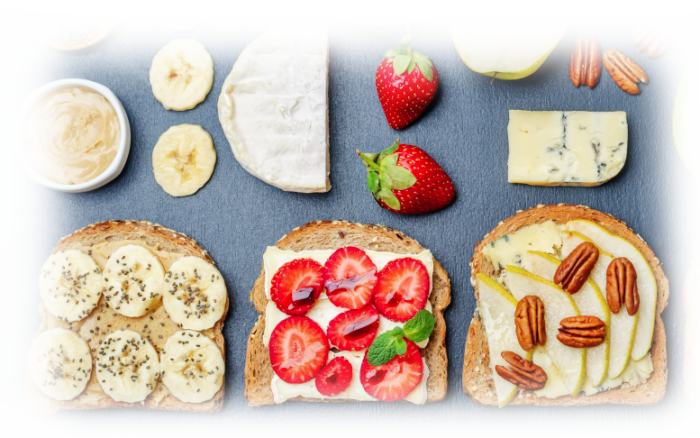 Toast with fruits, cheese, and nuts