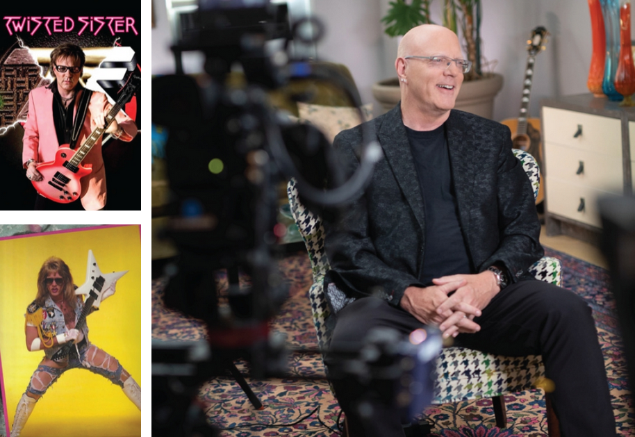 Two photos of Jay Jay posing as part of Twisted Sister, one photo of Jay Jay giving an interview