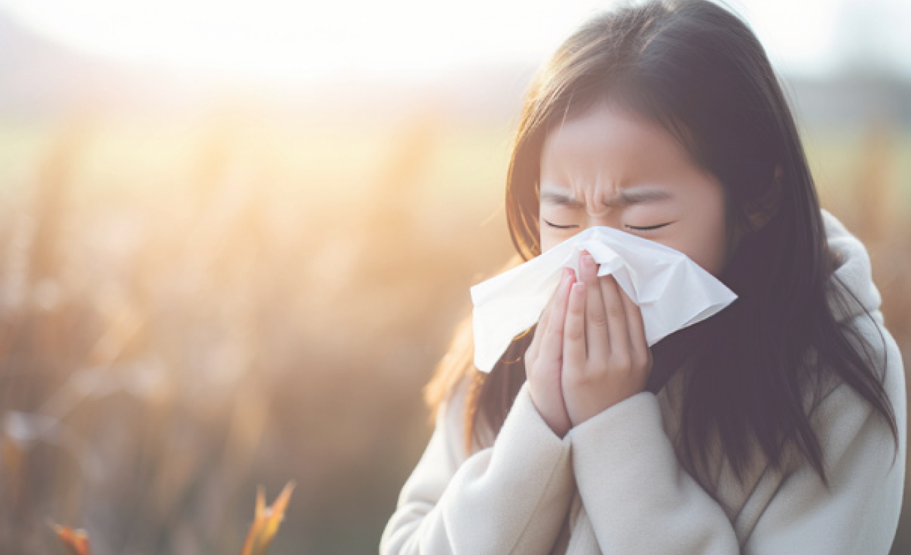 A woman sneezes into a tissue