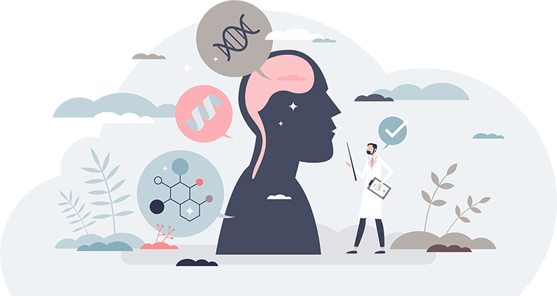 2D illustration of a doctor examining a model of a human