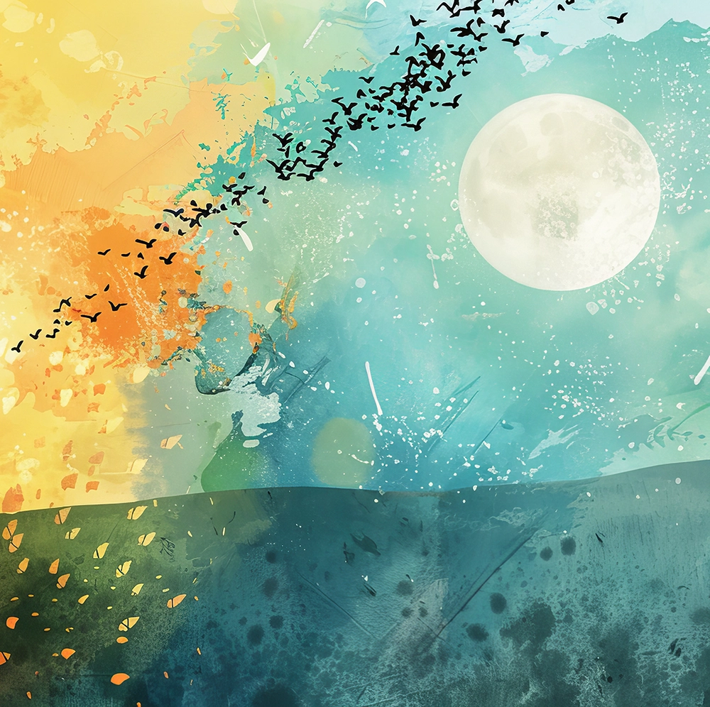 2D abstract illustration of a person walking through a colorful park at sundown