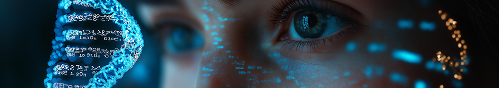 Woman looks at DNA strand